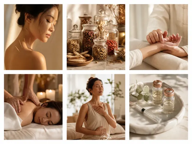 A luxury editorial collage representing the breadth of personalized healing therapies at Blue Root Health — acupuncture, herbal medicine, massage, breathwork, and more