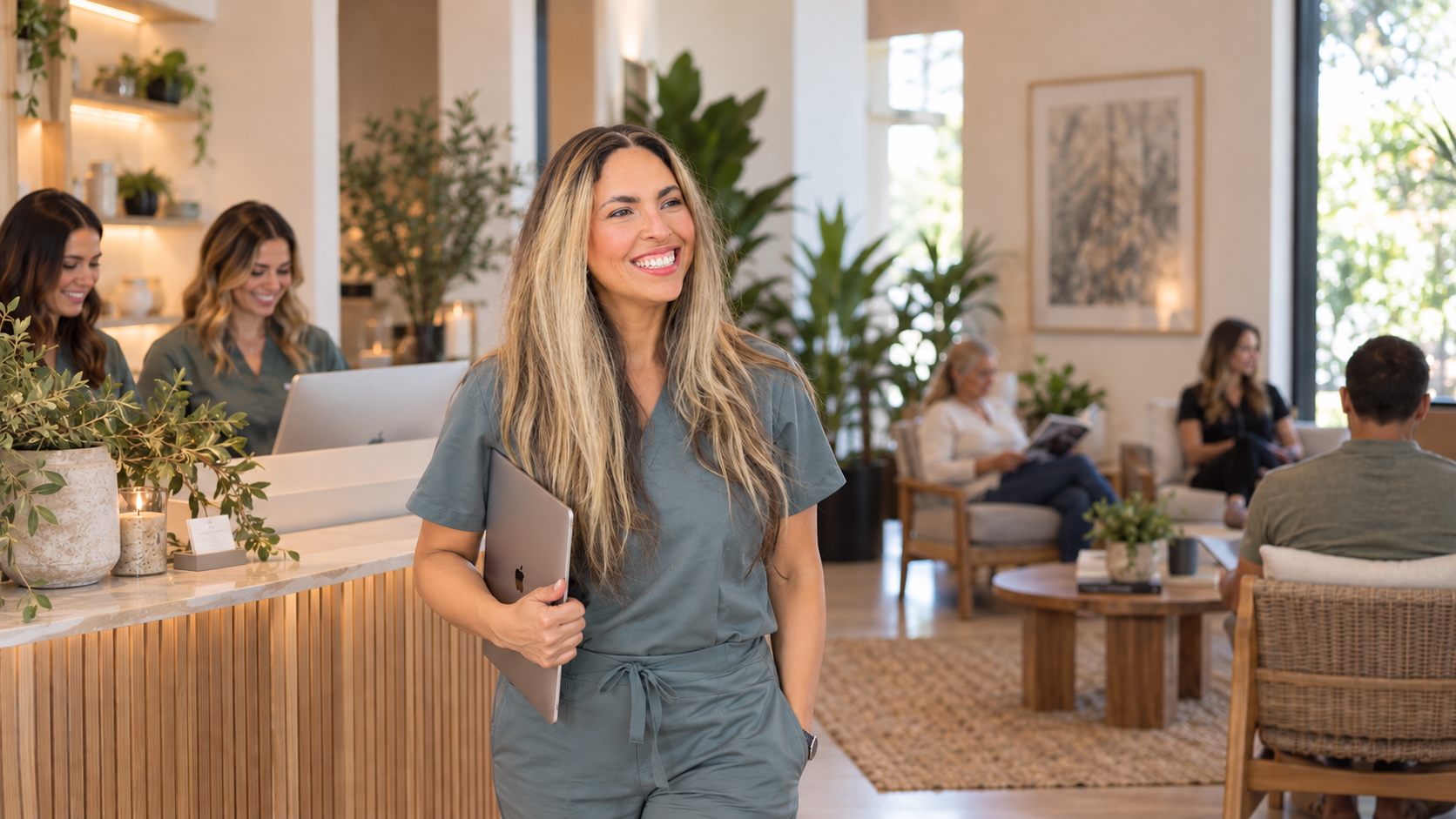 Dr. Angela Soto walking through the active Blue Root Health center