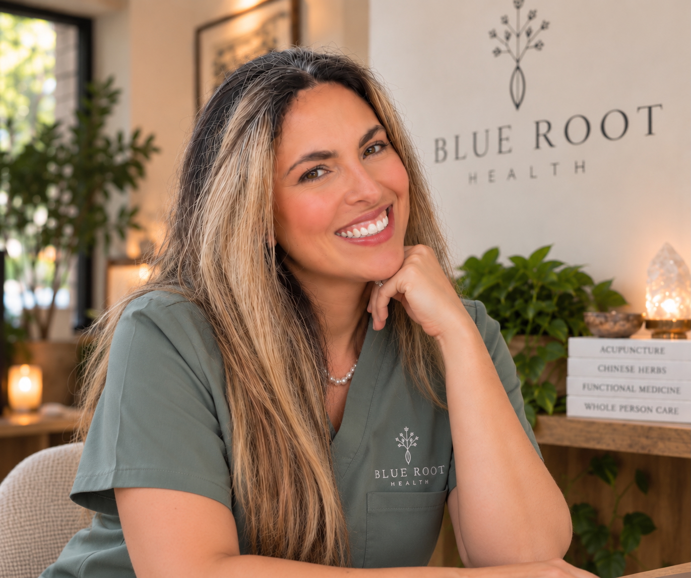 Dr. Angela Soto seated at Blue Root Health