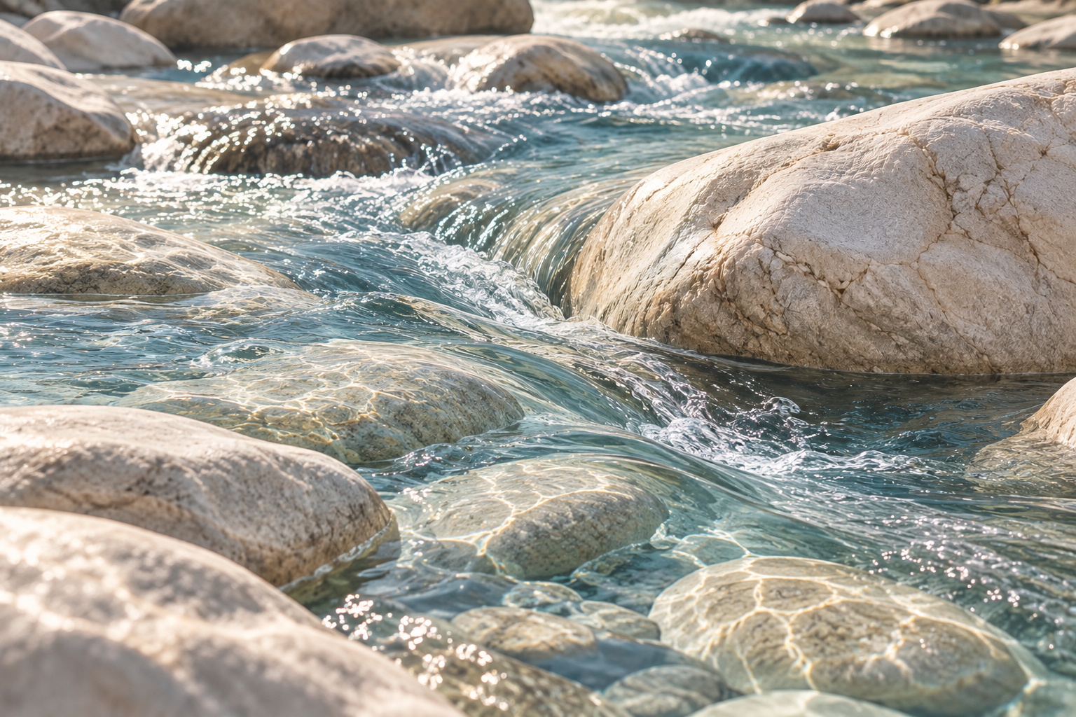 Clear water flowing naturally around smooth stones