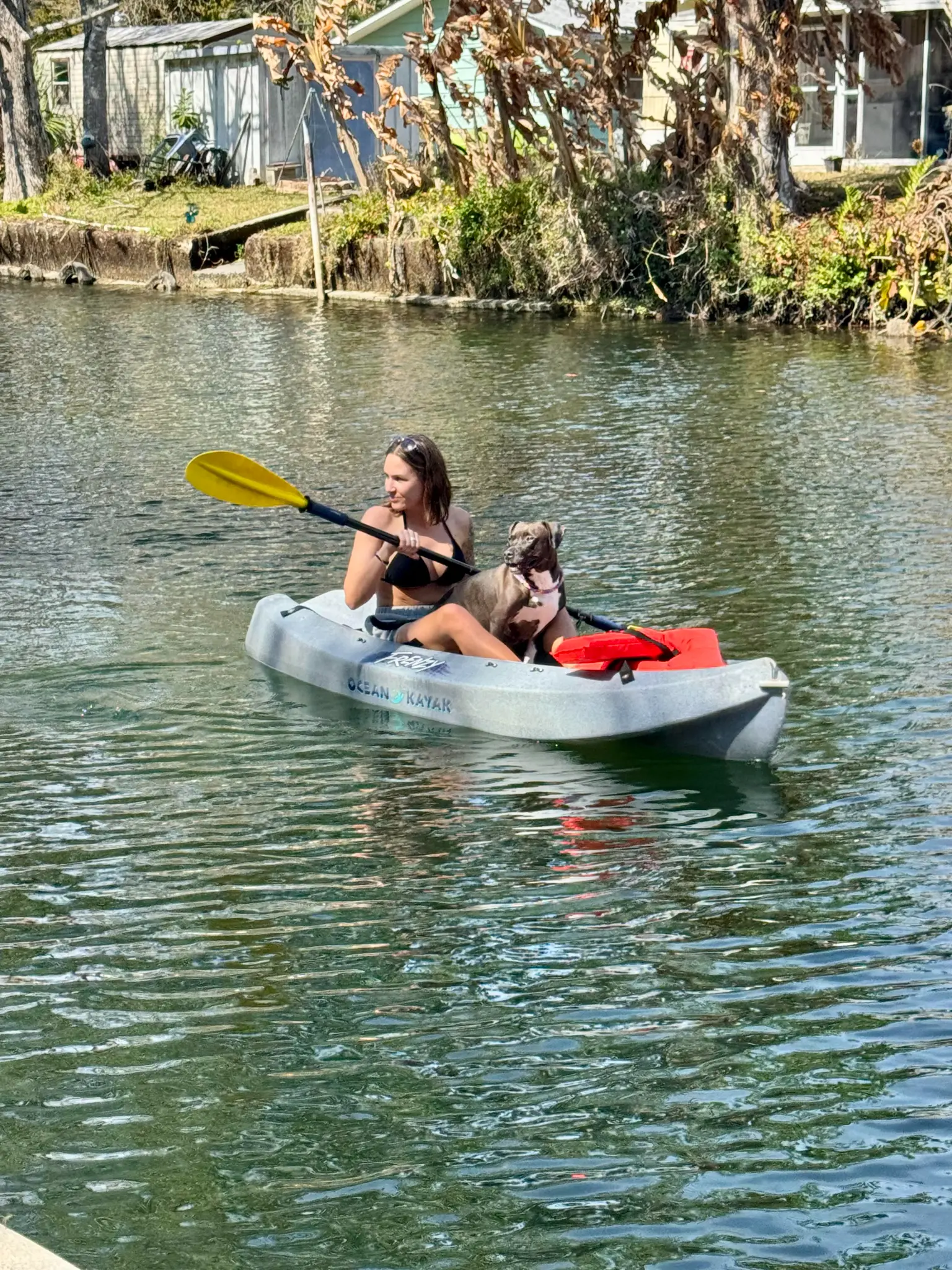 Corina kayaking with her dog
