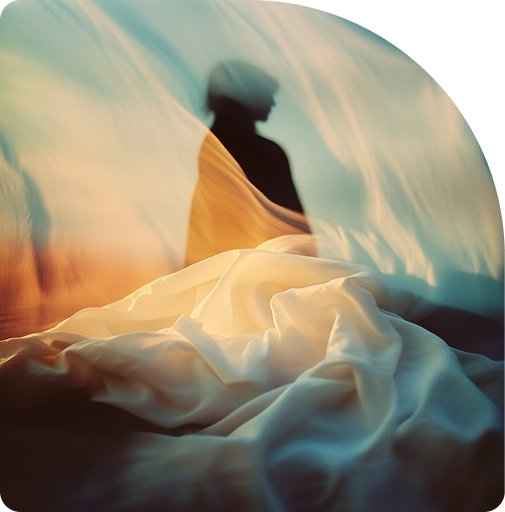 A resting figure surrounded by flowing layers of teal and gold