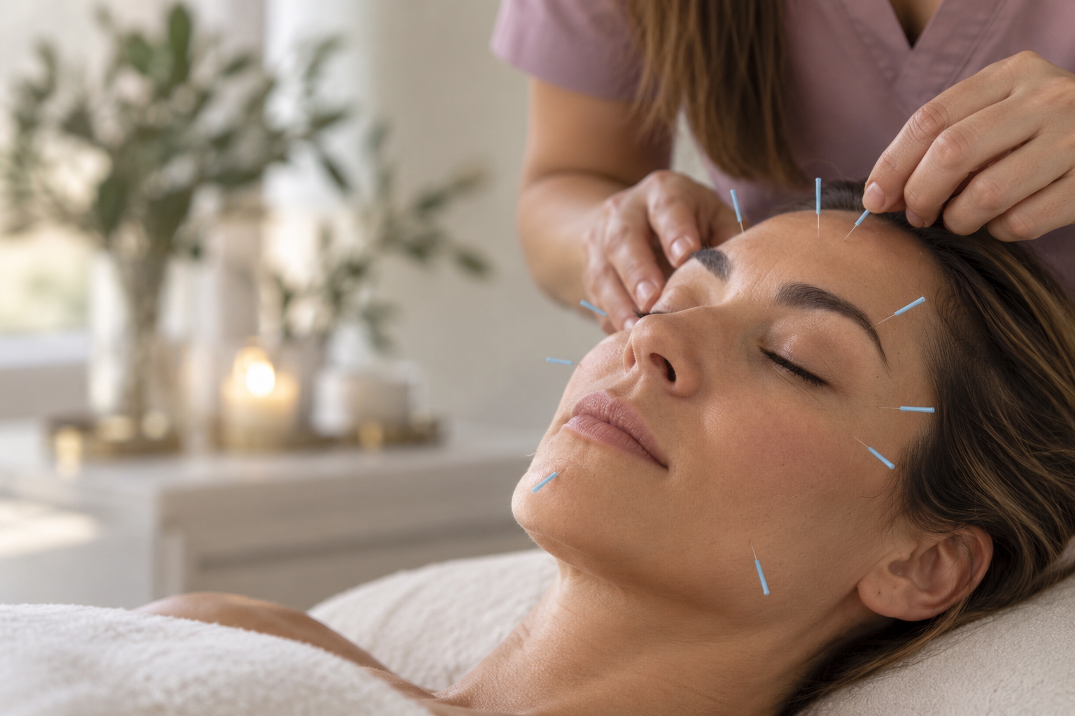 Facial Acupuncture treatment using fine Seirin needles at Blue Root Health