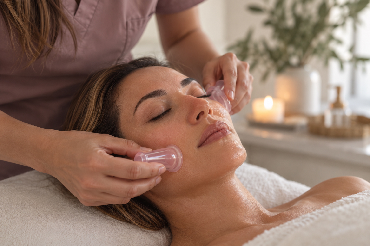 Moving facial cupping for circulation and natural facial rejuvenation