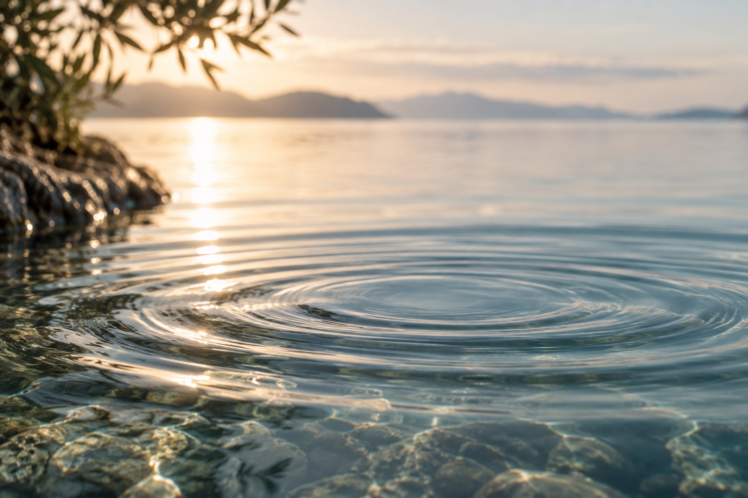 Concentric ripples moving across calm water in warm morning light