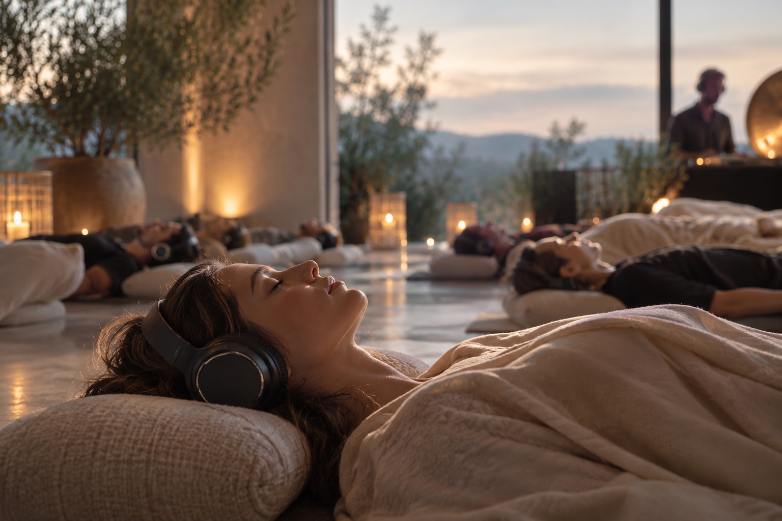 A participant resting with headphones during a warm, intimate group experience