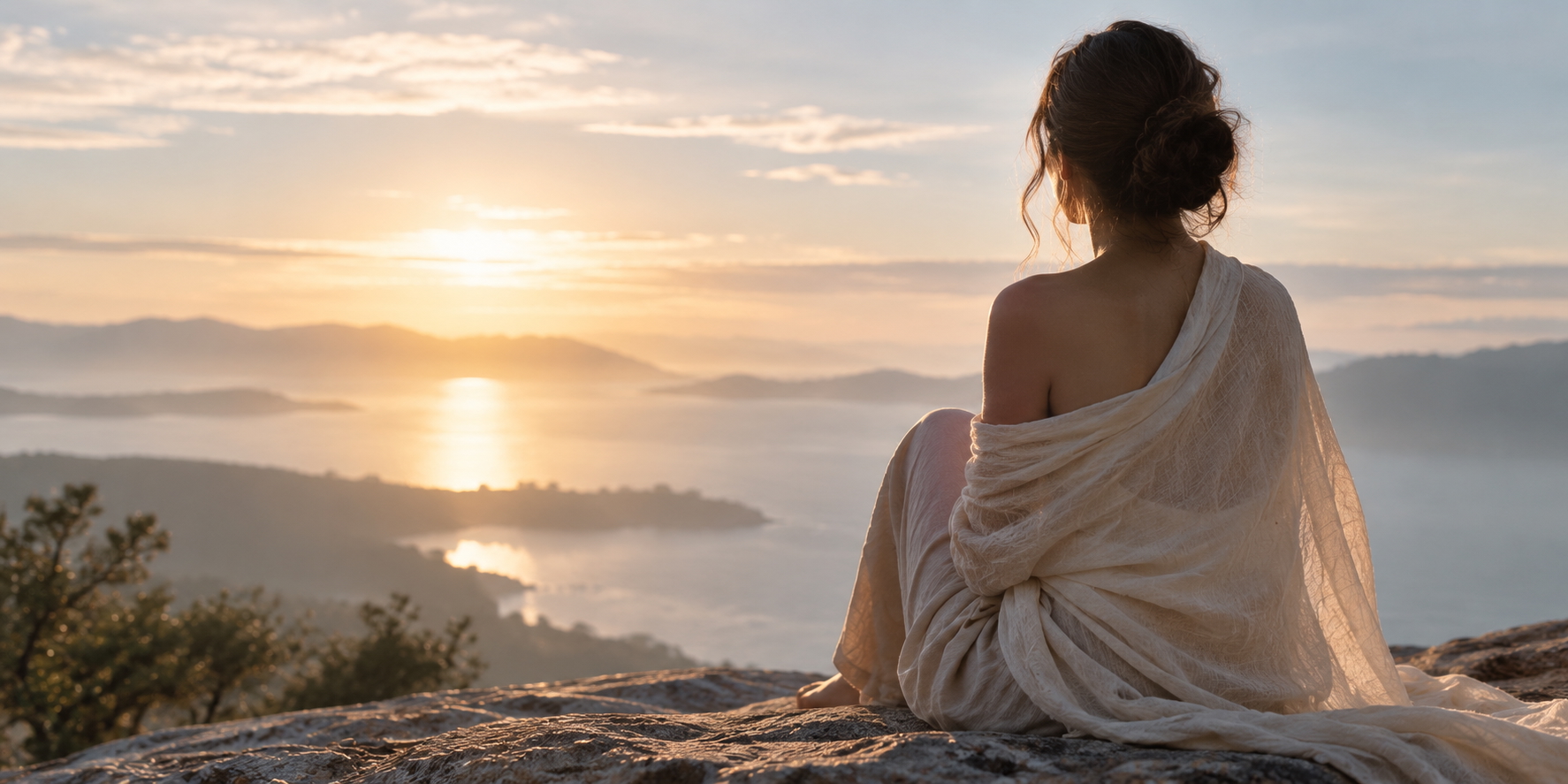 A woman seated above a luminous coastline at sunrise