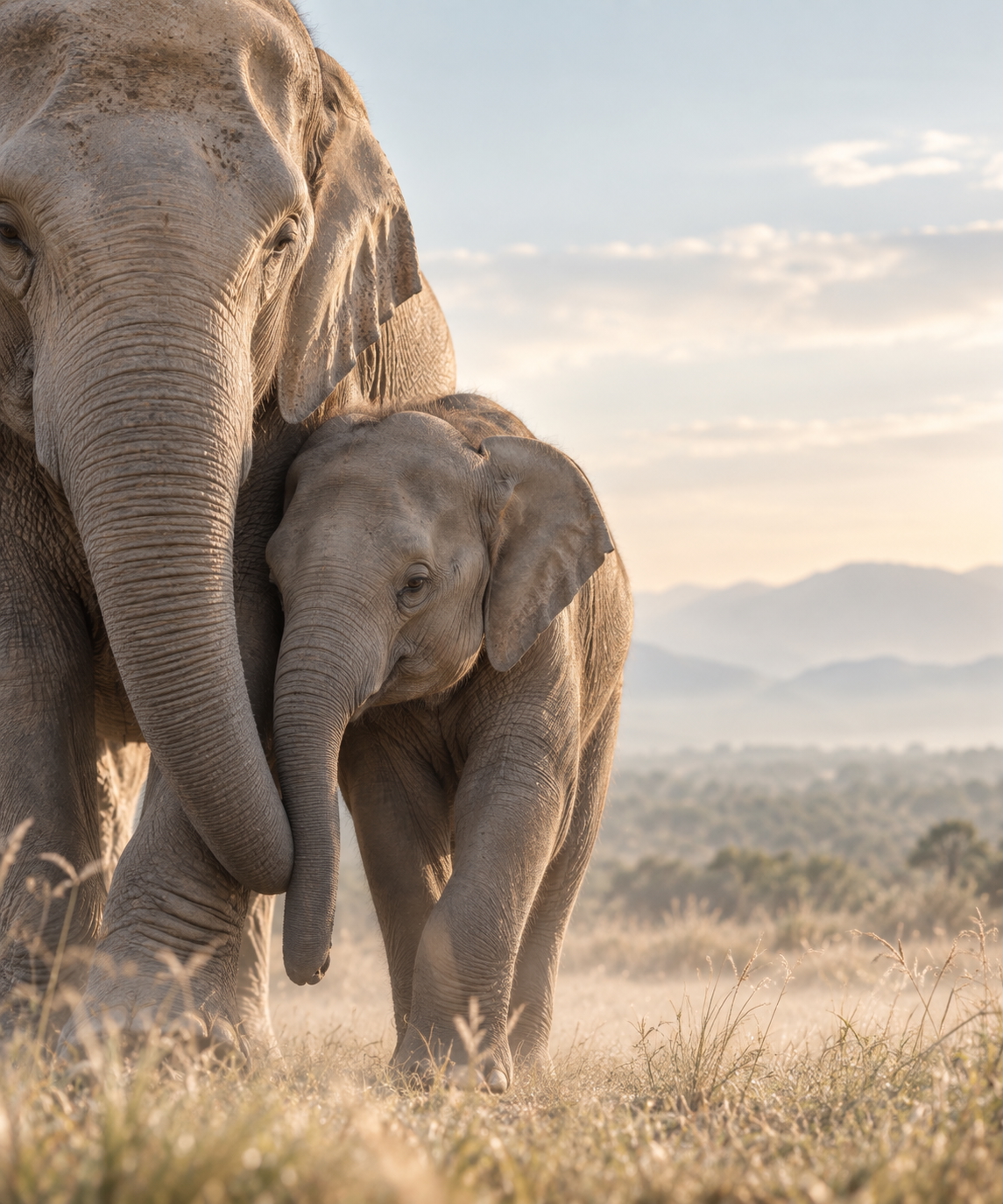 An elephant and calf walking closely together in warm natural light