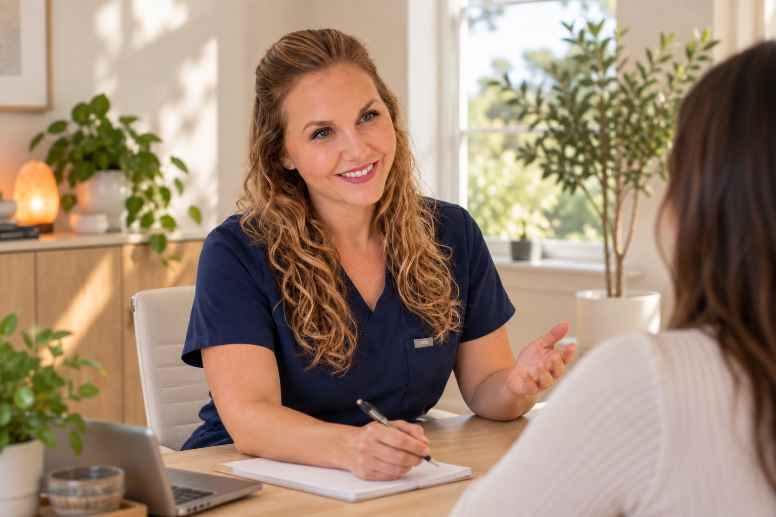 Haley listening to a patient during a personal consultation