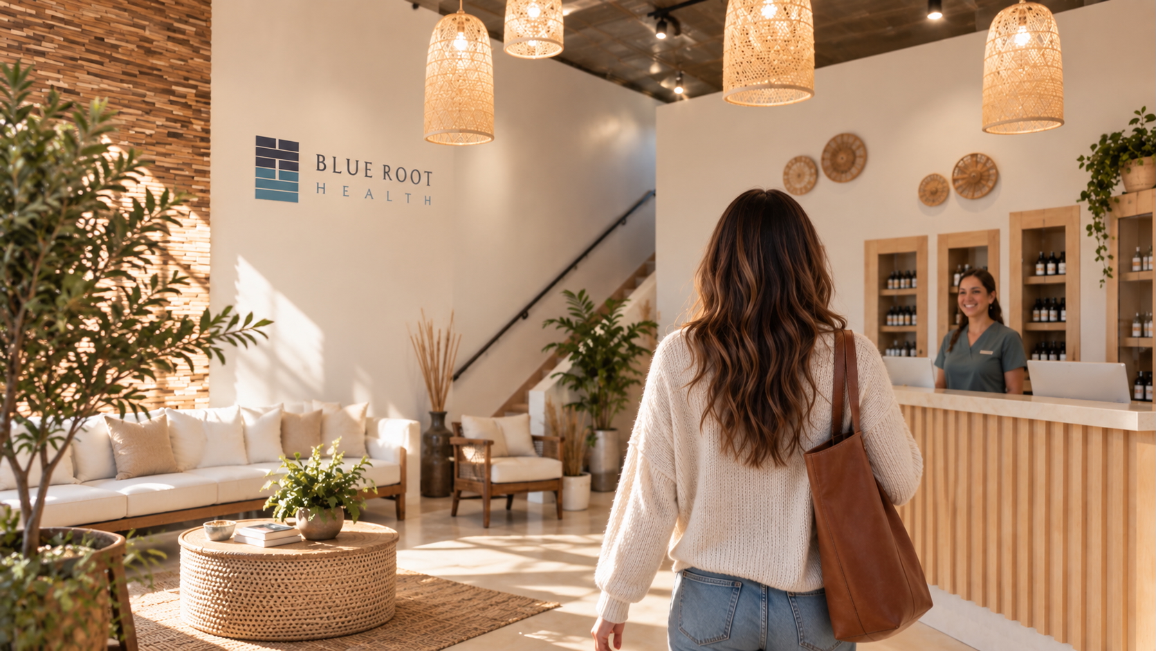 A visitor arriving at the welcoming Blue Root Health reception desk