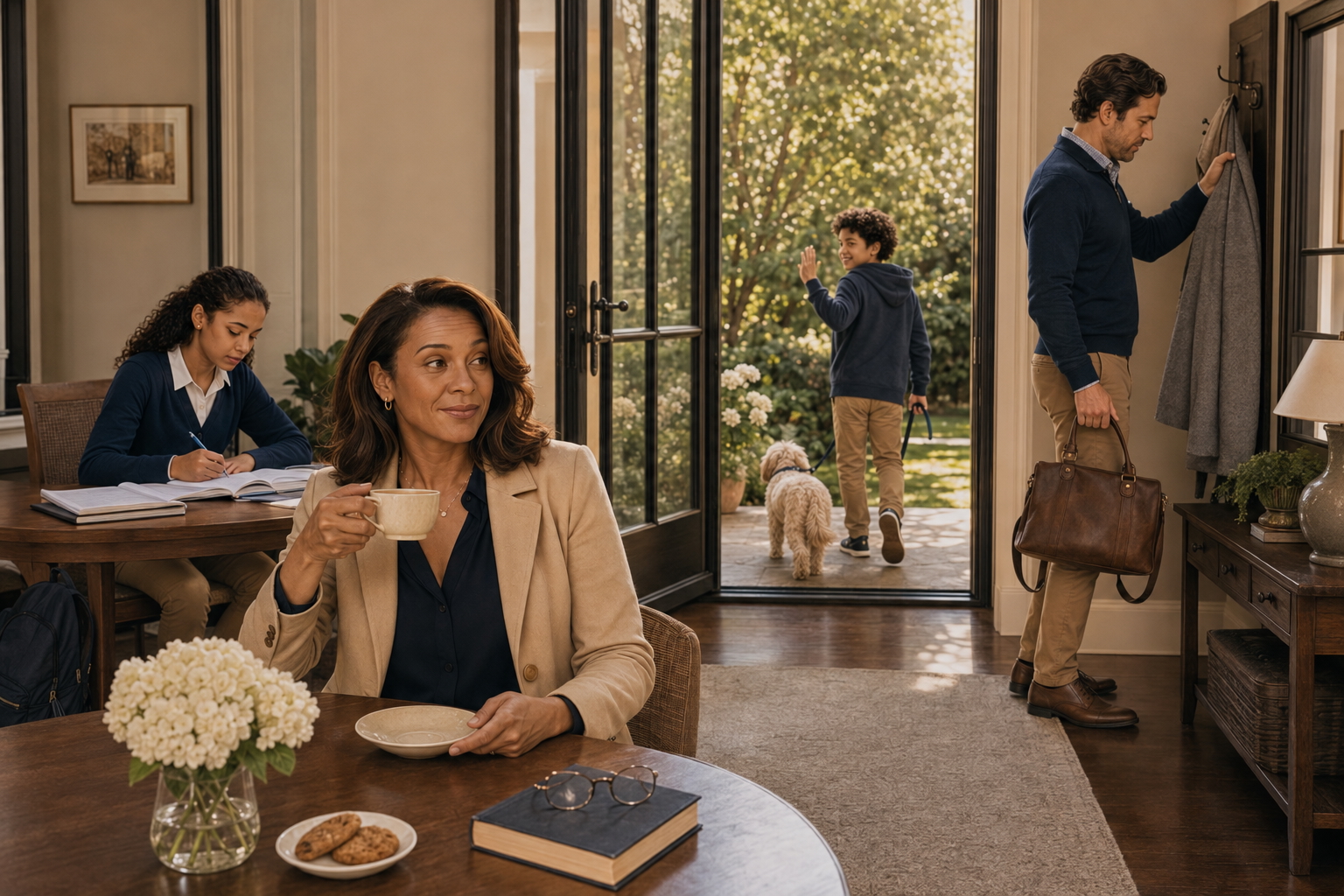A woman peacefully drinking coffee while her family members manage their own morning routines