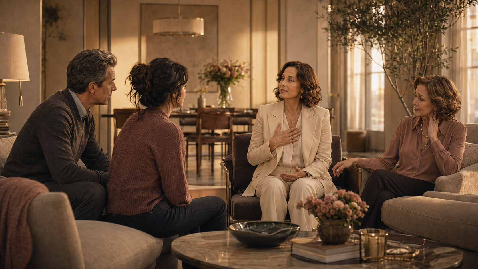 A woman speaking honestly from her own chair while family members remain present with their different responses