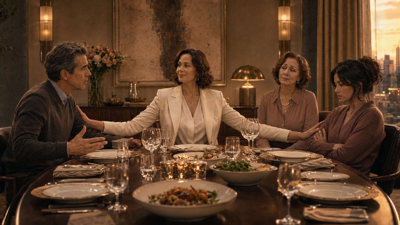 A woman stretching across a family table to manage the emotions of people on both sides