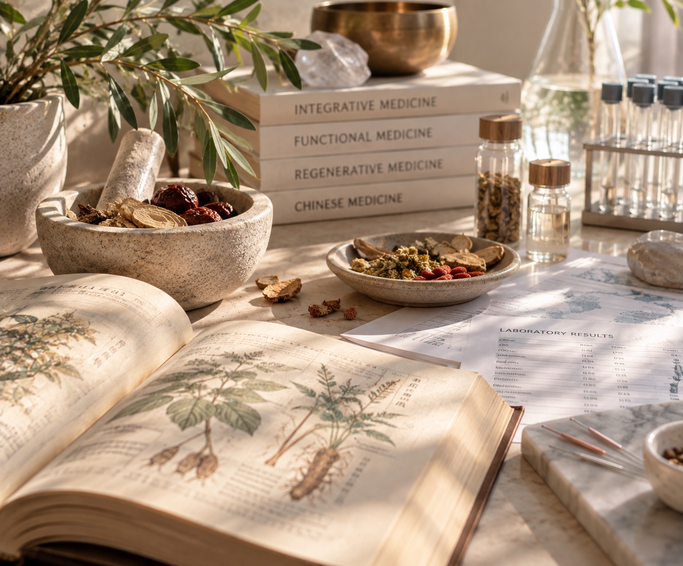 Chinese medicine herbs, laboratory materials, and integrative clinical tools sharing one workspace