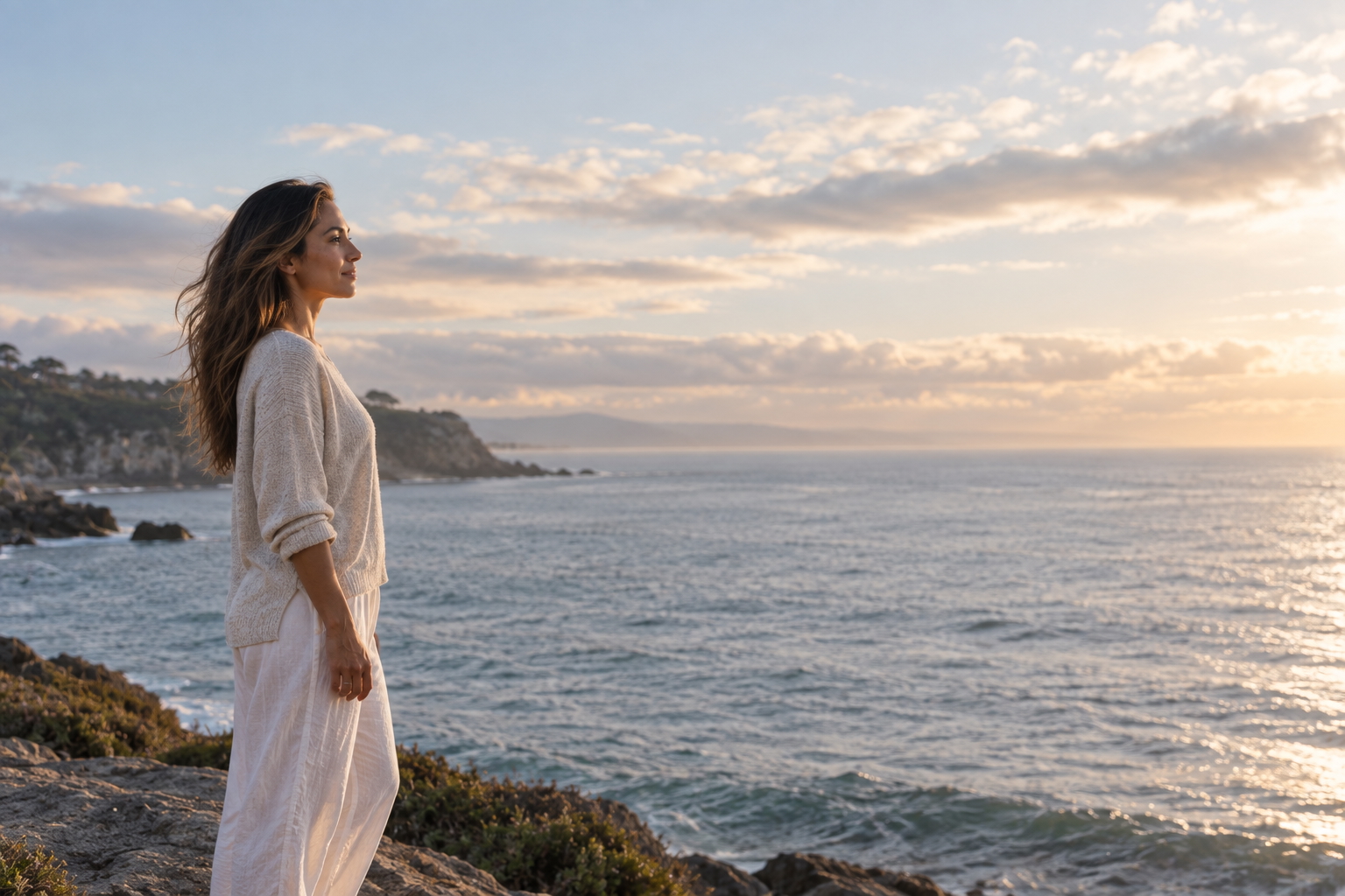 A woman standing calmly within a wide ocean landscape beneath an open sky