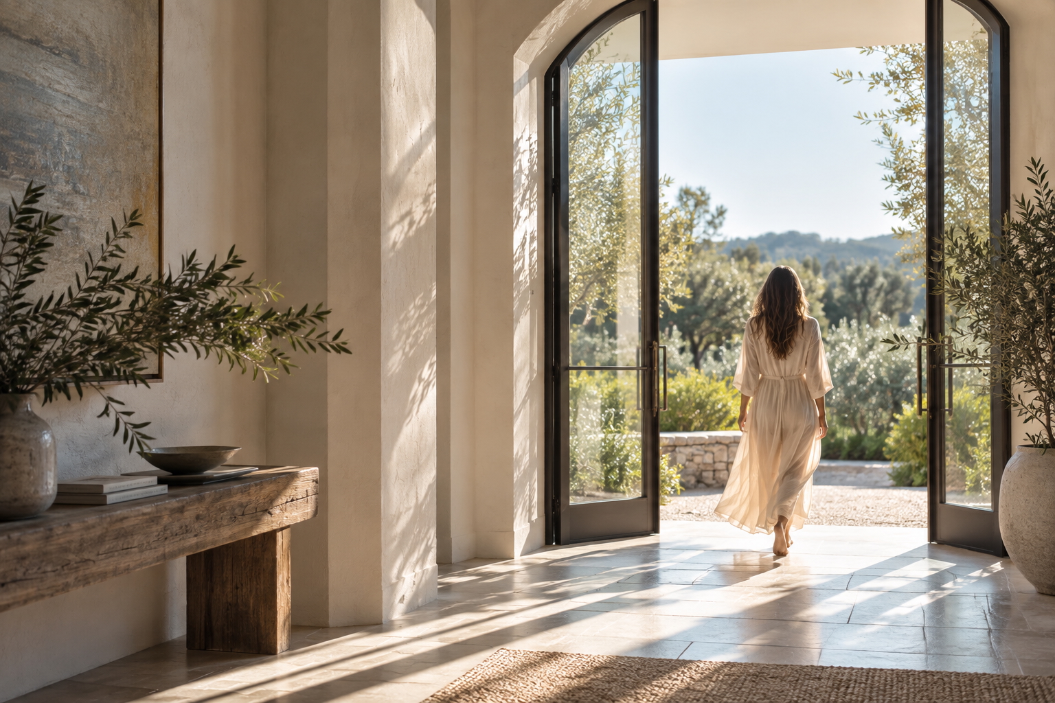 A woman walking through open doors into a luminous landscape
