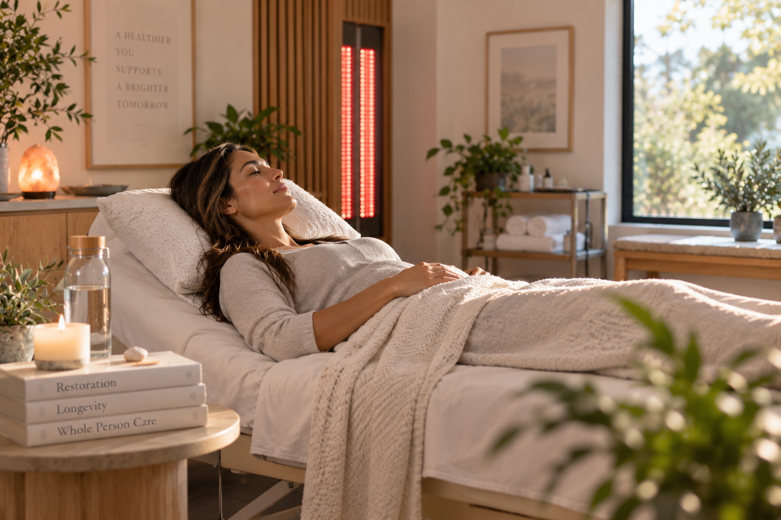 A woman resting comfortably in a bright integrative health treatment room
