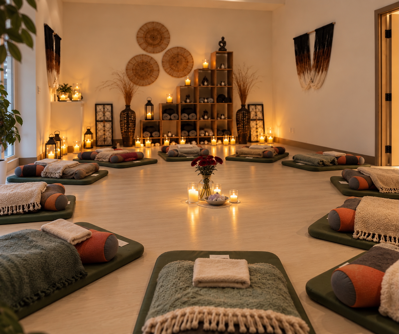The Blue Root Reiki Circle room prepared with mats, bolsters, blankets, and candles