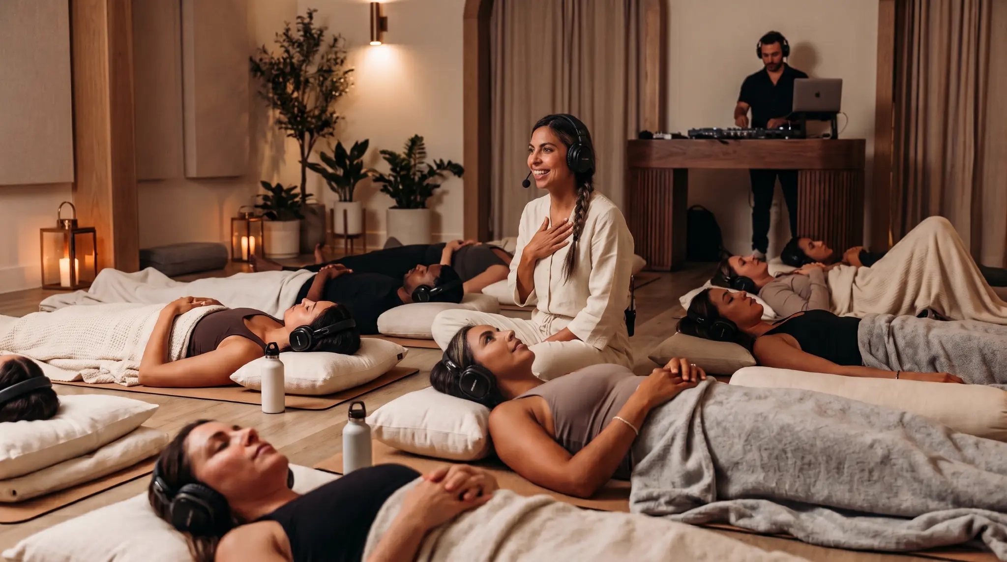 Participants receiving an immersive guided group experience with headphones, a facilitator, and a live DJ