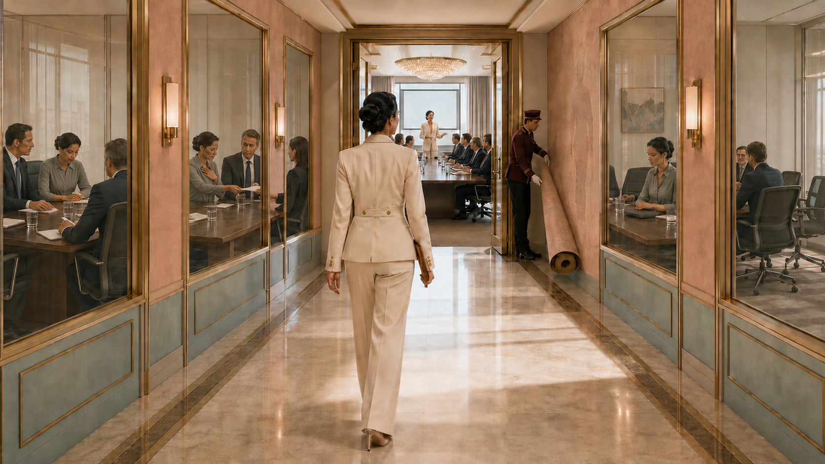 A woman walking through a corridor of past office memories toward the room where she will speak for herself
