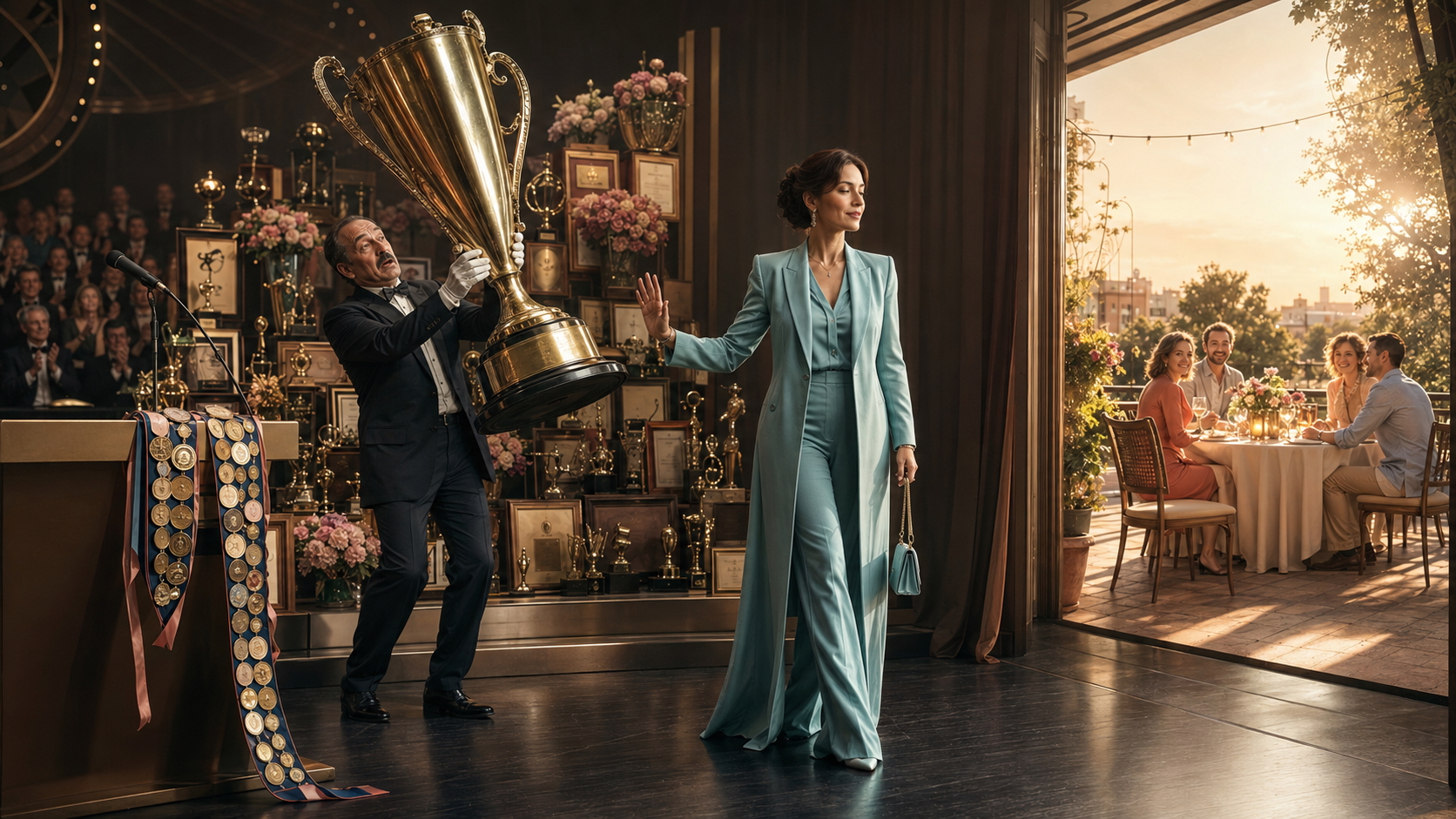 A woman walking away from an impossible trophy and accumulated proof toward a full life beyond the stage