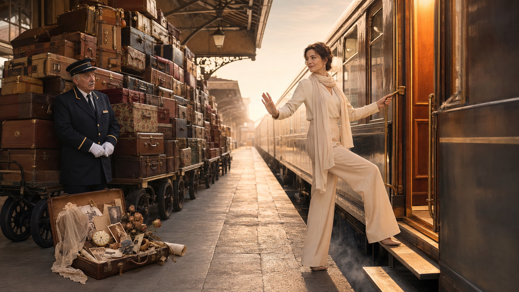 A woman stepping onto a train while leaving a mountain of luggage and an open memory suitcase behind
