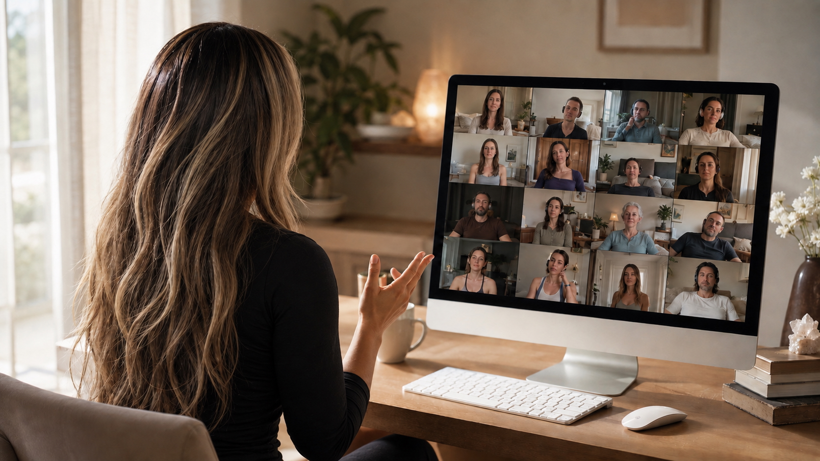 Angela facilitating a live online Unbecoming session while participants join from their separate homes